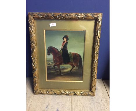 Ornate gilt framed oil painting portrait of a regal lady on horse back 32 x 23 cm 