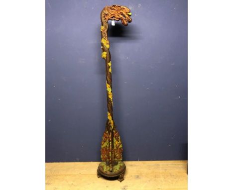 Chinese C19th carved and painted hardwood lamp stand in the form of a dragon 183H cm 