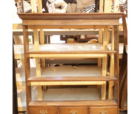 Mid Century oak kitchen shelf display unit with three lower drawers. This lot is not available for in-house P&amp;P, please c