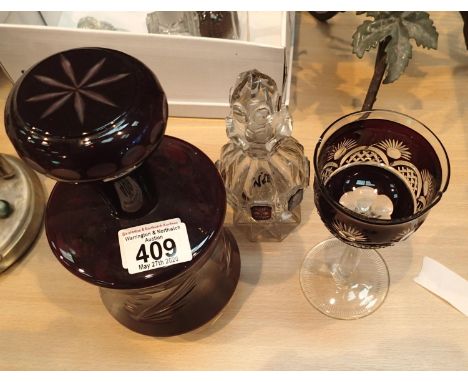 Dark Cranberry glass, lidded decanter, tall glass and small lidded vase. P&P Group 2 (£18+VAT for the first lot and £2+VAT fo