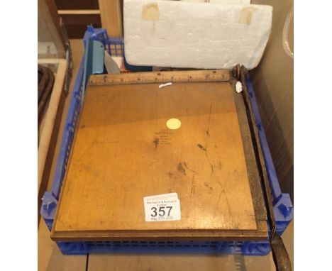 Box of collectable vintage office supplies including a guillotine. P&amp;P Group 2 (£18+VAT for the first lot and £2+VAT for 