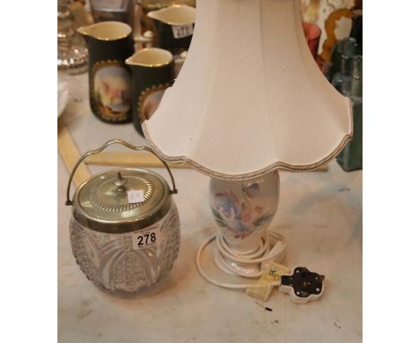 Glass biscuit barrel and ceramic table lamp. P&amp;P Group 2 (£18+VAT for the first lot and £2+VAT for subsequent lots) 