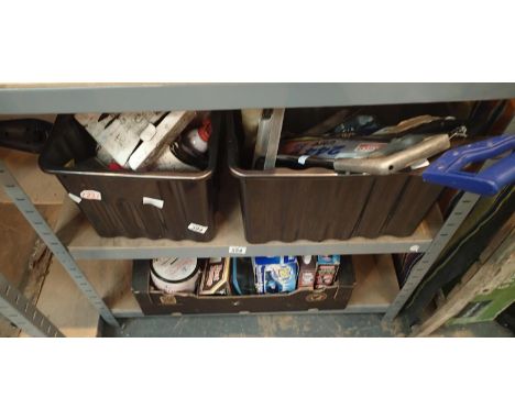 Three boxes of mixed tools, car accessories and a heat gun. This lot is not available for in-house P&amp;P, please contact th
