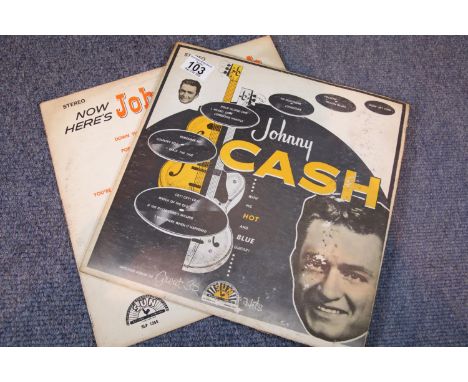 Two Johnny Cash LPs on Sun Record labels Now Here's Johnny Cash and Johnny Cash with His Hot and Blue Guitar. Covers with wea