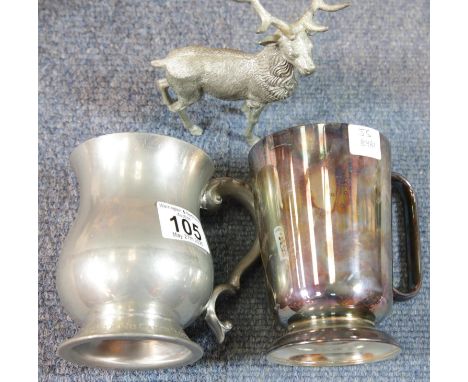 Silver plated tankard, pewter tanker and a white metal stag. P&amp;P Group 1 (£14+VAT for the first lot and £1+VAT for subseq