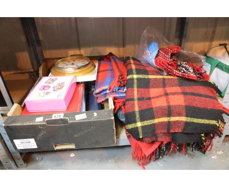 Shelf of mixed items including woollen blankets and household equipment.This lot is not available for in-house P&amp;P, pleas