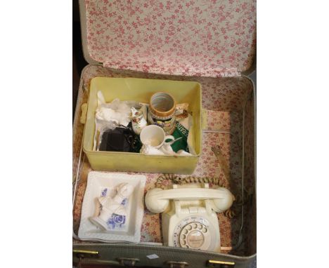 Vintage suitcase containing BT Rotary telephone and early Walkman, a small quantity of ceramics including Old Country Roses. 