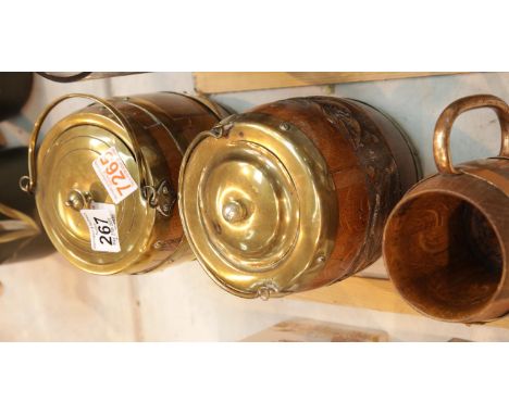 Two vintage oak biscuit barrels and a copper and wood coopered tankard. P&amp;P Group 1 (£14+VAT for the first lot and £1+VAT