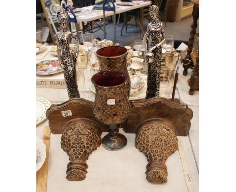 Two Contemporary African figurines, two glass candleholders and two carved wall brackets. P&amp;P Group 2 (£18+VAT for the fi