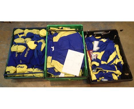 Large quantity of Rugby League kits including fourteen Warrington Wolves shirts, thirty five pairs of shorts and thirty seven