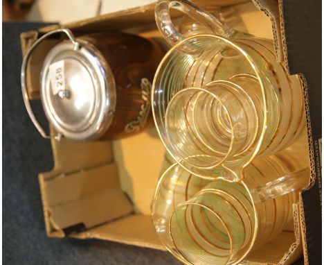 Two mid 20th century glass lemonade sets and a vintage oak biscuit barrel. P&amp;P Group 2 (£18+VAT for the first lot and £2+