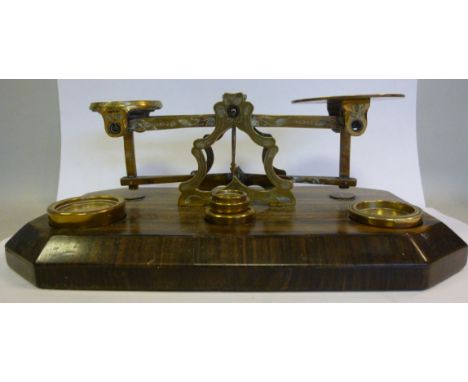 Late 19thC Mordan & Co decoratively engraved brass postal scales, on a chamfered, coromandel veneered platform with tablet we