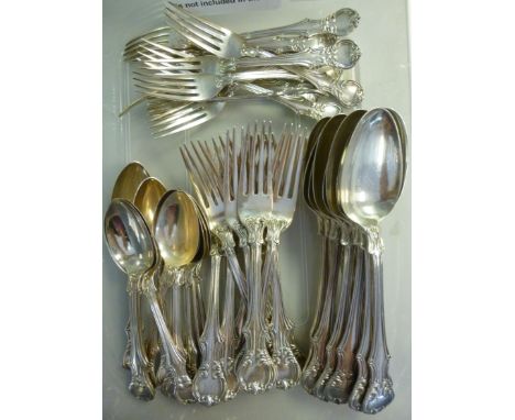 Victorian silver flatware, stylised in a derivative of the Albert pattern  comprising twelve table forks and spoons, twelve d