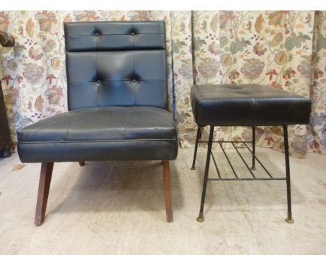 A 1960s chair, having a square back and seat, button upholstered in black vinyl, raised on exotic hardwood, rectangular, tape