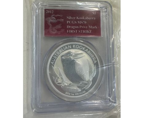 Cased 999 fine silver 1oz Dragon privy mark first strike coin, pcgs ms70