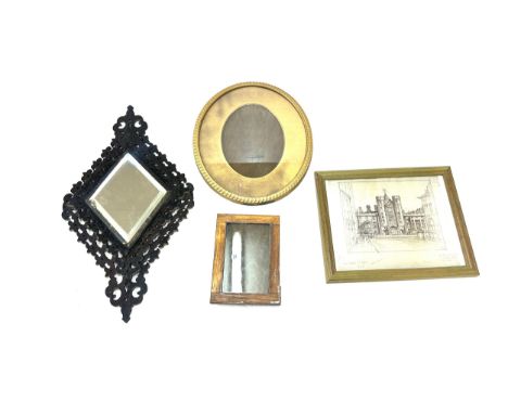 Selection of assorted framed includes Tramp art framed mirror measures approximately 12 inches tall