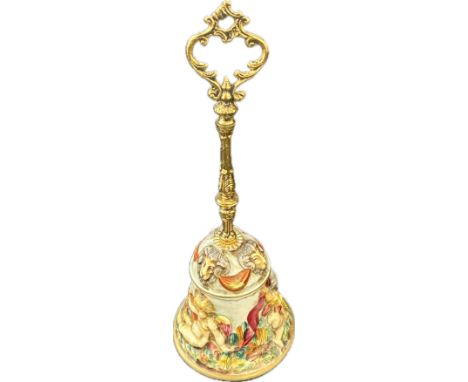 Vintage Italian Capodimonte brass handled bell, overall height 12 inches