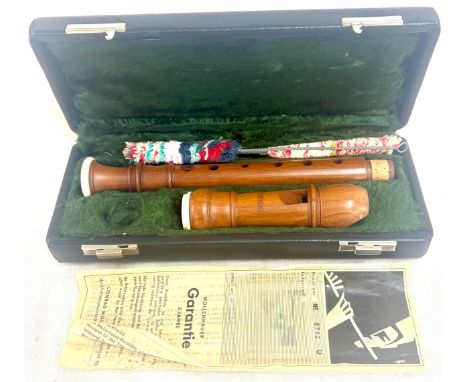 Mollenhauer 2 piece cased wooden recorder, with cleaning instruments