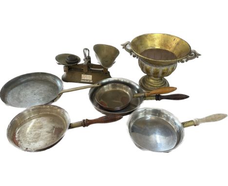 Selection of vintage metalware to include cookings pans, scales, etc