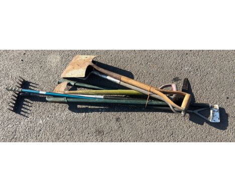 Selection of garden tools, shovels, hoes, fork etc