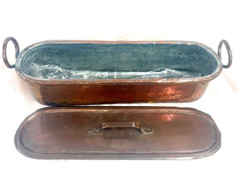 Vintage Copper Fish kettle poacher pan with lid overall measurements: 24 x 7 inches
