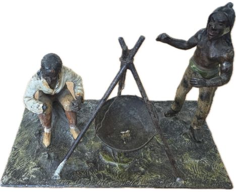 Antique cold painted native American diorama, featuring indigenous men around a cooking pot, approximate measurements:  Lengt