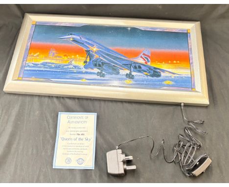 Framed Queen of the sky print with COA, lights up, working order, approximate measurements: Length 22.5 inches, Height 11.5 i