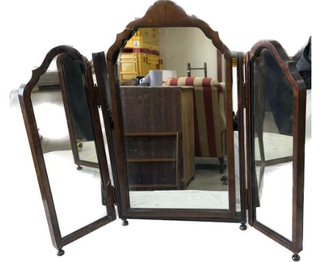Antique triple mahogany dressing table mirror measures approximately 25 inches tall x 27 wide