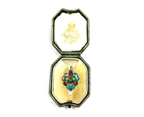 Antique ladies Child and Child diamond, citrine and enamel clover pendant, damage to enamel as seen in image, within original