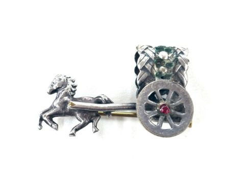 Vintage silver stone set horse and cart brooch 
