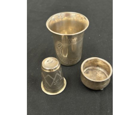 Three Pieces of Oriental silver items includes 2 Russian Vodka cups etc total weight 69 grams