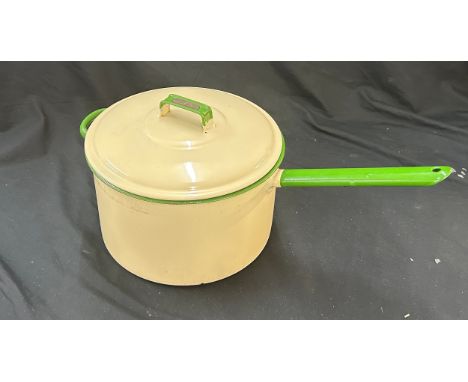 Vintage Judge Ware Enamel saucepan cream and green coloured, Diameter 10 inches, Height 8 inches