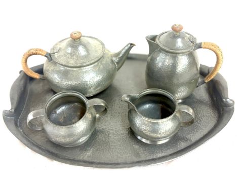 Liberty and Co pewter tea set with tray consisting of tray, jug, sugar bowl, tea and coffee pot