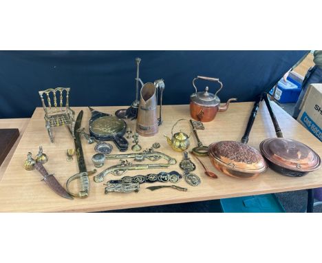 Selection of vintage brass and copper ware to include warming pans, kettles, brass ladies