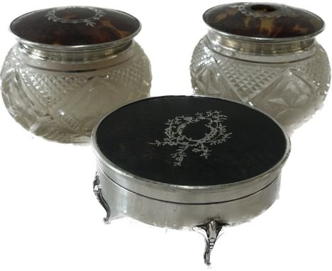 Three Sterling silver and tortoiseshell trinket boxes/ powder bowls 