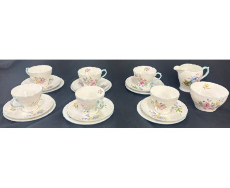 Vintage 6 place setting Shelley Wild Flowers bone china tea set to include sugar bowl and jug, no teapot