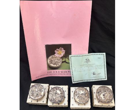 Quartet of exquisite sterling silver patch boxes, all with original boxes, approximate overall weight 160g
