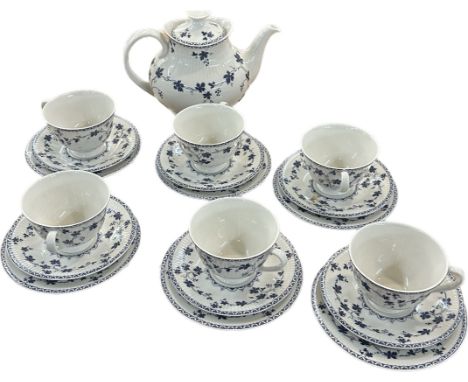 Royal Doulton Yorktown Blue &amp; White Ribbed 19 Piece Tea set to include 6 cups, saucers and sandwich plates and a tea pot