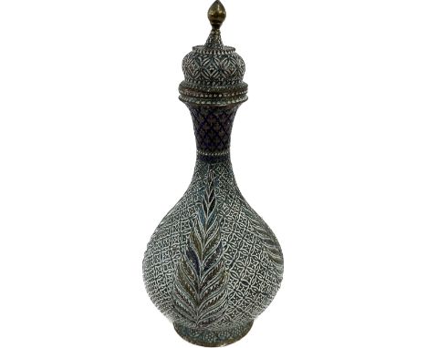 Antique Persian enamelled copper bottle / flask, with globular body, inlaid with rows of repeating flowers and leaf designs, 