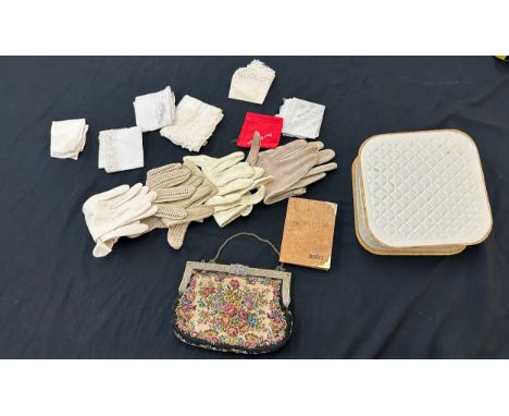 Selection of vintage ladies accessories to include gloves, bags, handkerchiefs etc