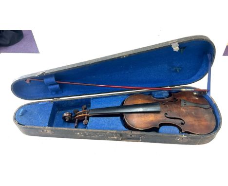 Antique violin with bow, bow marked Berni
