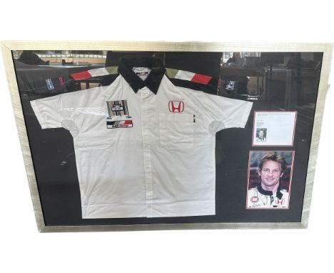Jenson Button signed memorabilia, to include shirt etc, frame measures approximately Width 50 inches, Height 35 inches