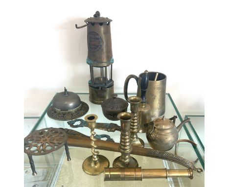 Selection of assorted metal ware includes Miners lamp, candle sicks etc