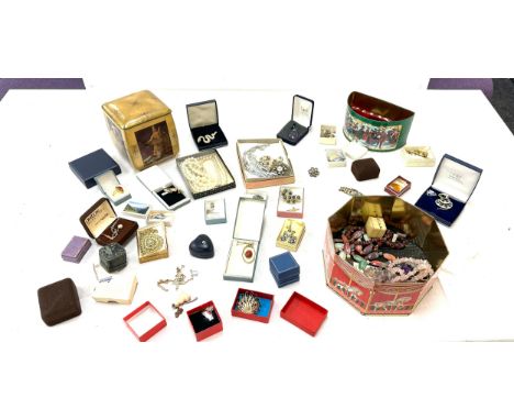 Large selection of vintage and later costume jewellery includes silver, pendants, vintage boxes etc