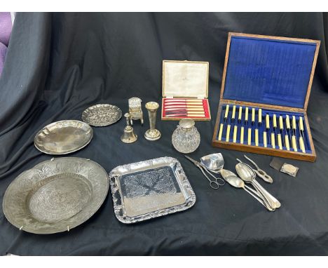 Large selection of vintage and later metal ware includes silver topped jar etc 