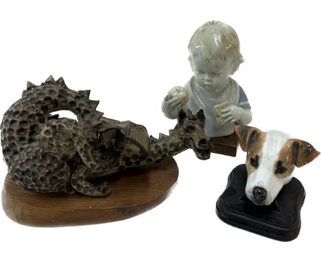 Selection of vintage and later pottery includes mertz and ortloff art boy with apple ,  Studio potter dragon and a Jack Russe