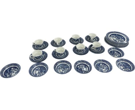 Selection of vintage blue and white pottery items to include cups and saucers, plates etc