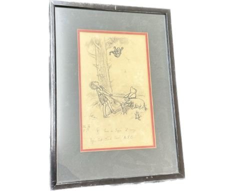 Framed original Winnie The Pooh drawing sketch signed by Ernest Howard Shepard, featuring Christopher Robin, Winnie The Pooh,