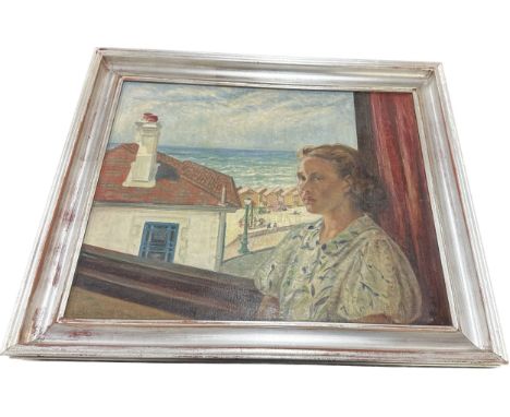 Vintage framed signed oil on canvas depicting a lady measures approximately 30 inches wide x 26 tall