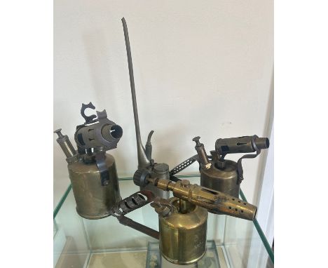 Selection of vintage blow torches and a oil can 